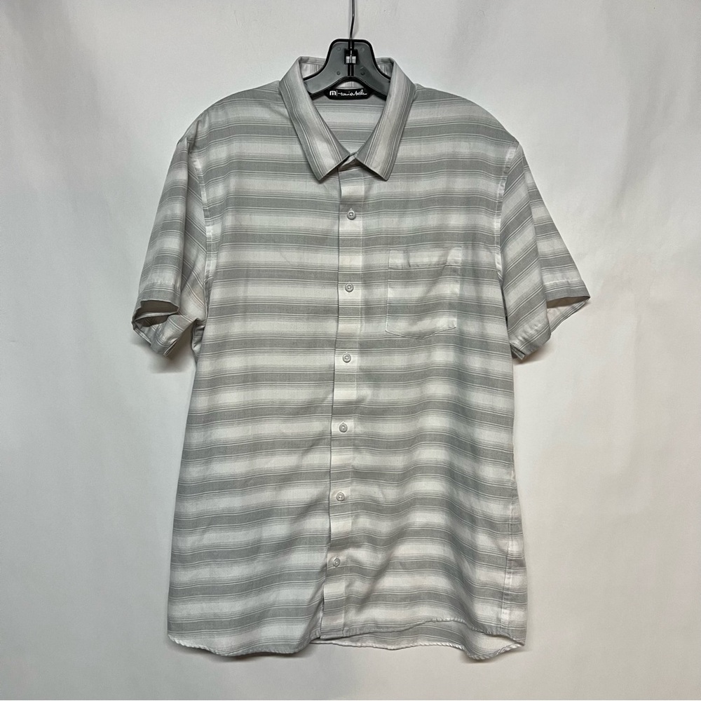 Travis Mathew Men's Short-Sleeve Button-Down Shirt - Light Gray & White Stripes